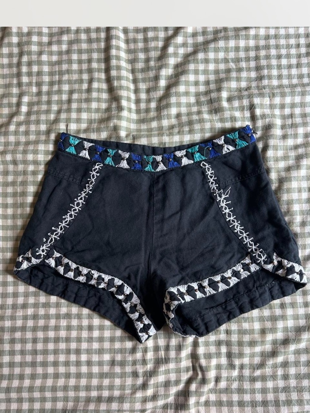 Free People Black Embroidered High-Waist Shorts with Teal & Blue Accents